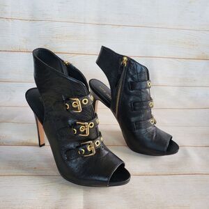 Nine West Leather Mohawkit Peep Toe Heeled Ankle Boots Booties Buckle Black 8M